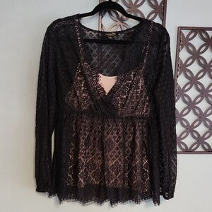Suzanne Betro Black Lace Surplice Top with Nude Tank Size Large